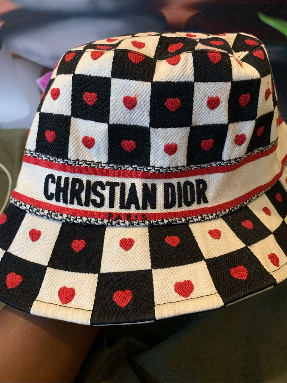 Dior Kids Checkerboard Heart Bucket Hat in Black, White & Red